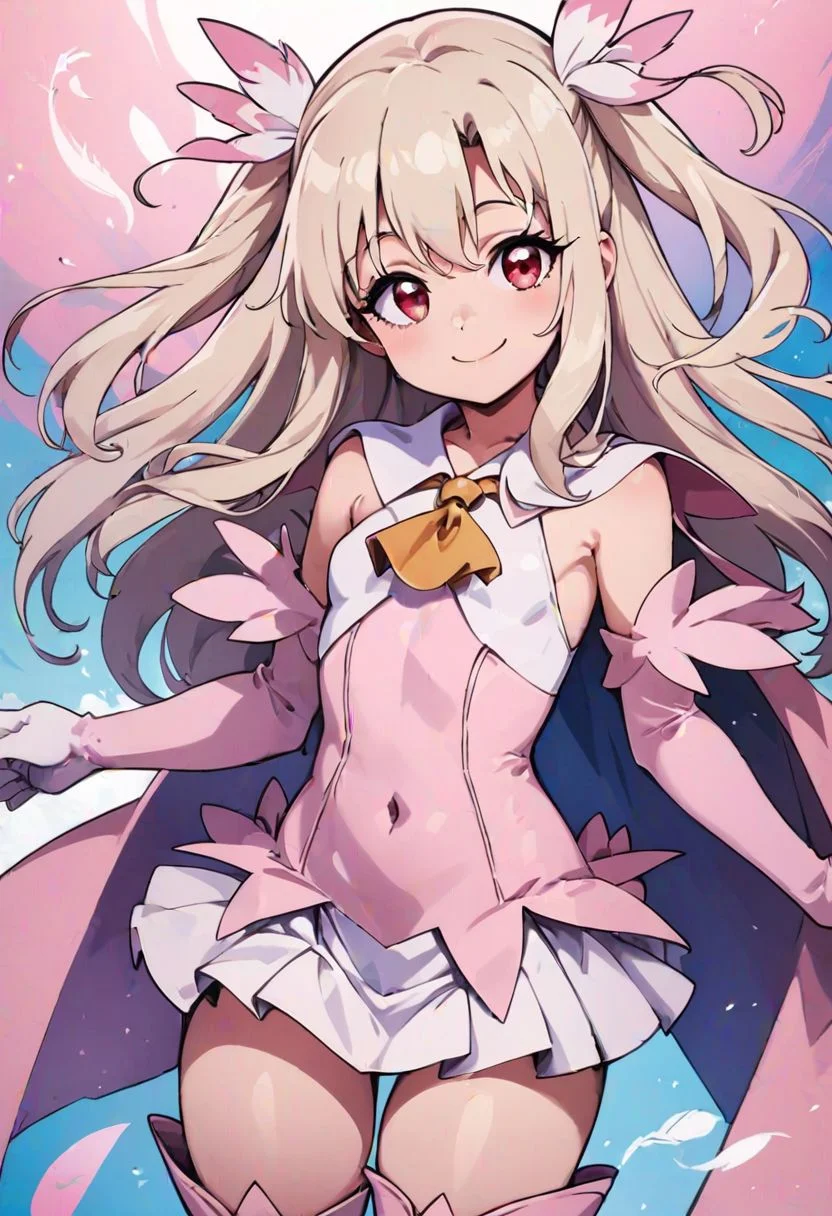 score_9, score_8_up, score_8, medium breasts, (curvy), cute, eyelashes,
illyasviel von einzbern, prisma illya, 1girl, solo, long hair, breasts, looking at viewer, smile, bangs, skirt, blonde hair, hair ornament, red eyes, thighhighs, gloves, bare shoulders, small breasts, boots, elbow gloves, white gloves, cape, two side up, ascot, covered navel, thigh boots, magical girl, white skirt, feathers, pink footwear, feather hair ornament, pink thighhighs
