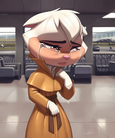 solo, sawyer, female, raincoat, tears, sad, looking away, airport, by pixelsketcher,by kajinchu, <lora:SawyerXL_01-Noob-nd64-lr2-ep24:1>
