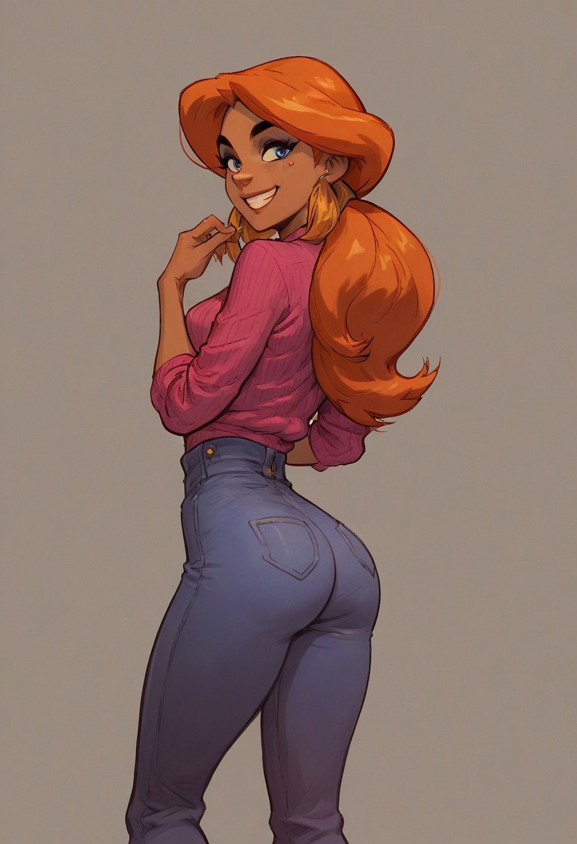 score_9, score_8_up, score_7_up, score_6_up, score_5_up, score_4_up, solo, PTAzalea,blue eyes,dark skin, makeup,long hair,orange hair,small smile,ass
