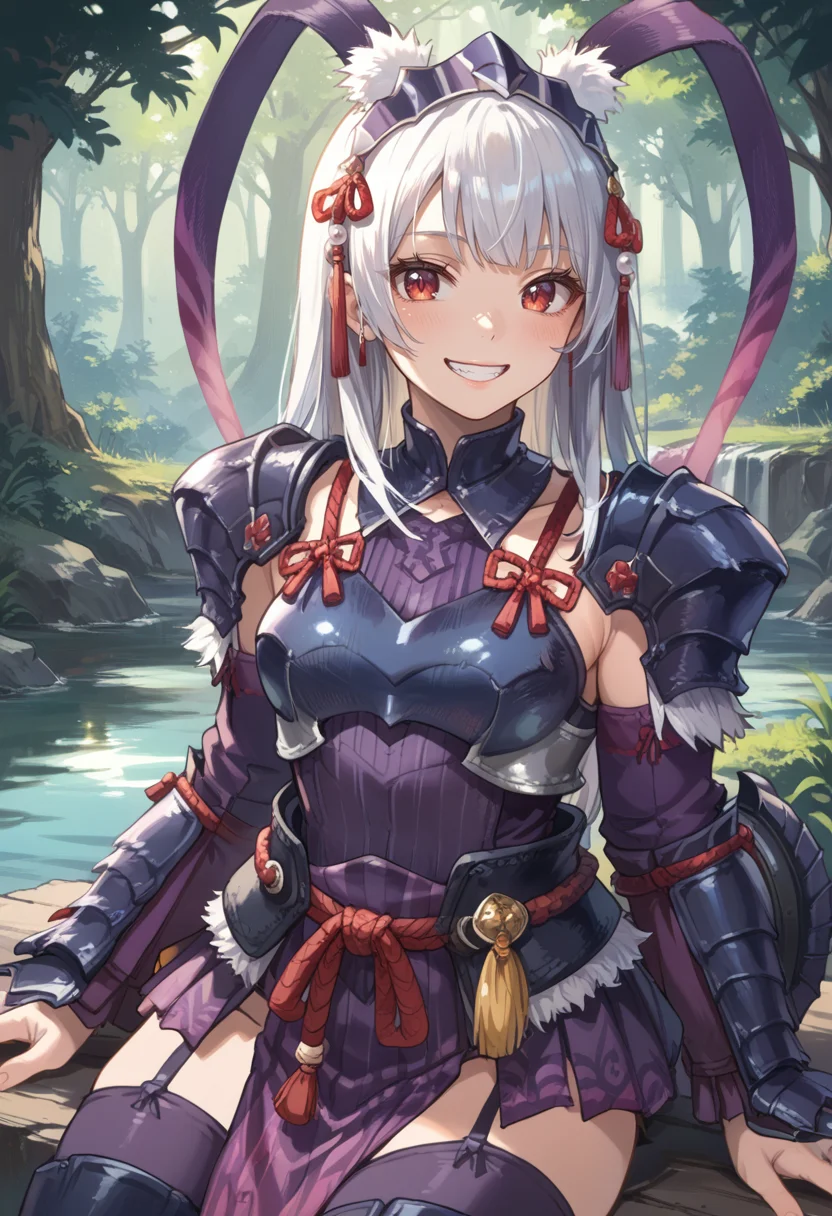 (score_9:0.9),score_8_up,score_7_up,rating_explicit,(zPDXL),(zPDXL3),<lora:Yian Garuga Armor ponyXL v1:0.7>,yian garuga armor,1girl,solo,red eyes,grin,long hair,white hair,smile,purple gauntlets,purple feather headdress,purple shoulder armor,full armor,purple pelvic curtain,bangs,teeth,sitting,forest,