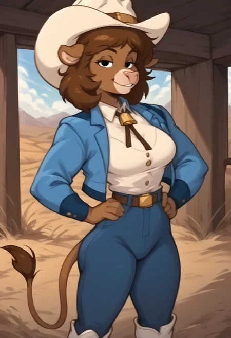 score_9, score_8_up, score_7_up, OverallDetail, Expressiveh, (by joelasko), dynamic lighting, detailed character, detailed face, detailed background, background is desert, mesas, clouds, sunny, (close up), cowboy shot,
BREAK
furry female, anthro, 1girl, solo, female cow, Kowlamity Kate, black eyes, ((brown fur)), medium hair, (brown hair), messy hair, (cow tail), medium breasts, heavy breasts, lean build, (muscular), long legs, curvy legs, animal nose, toned body, wide hips, narrow waist, round ass,
BREAK
standing, looking at viewer, smiling, half closed eyes, blue jacket, ((white undershirt)), blue jeans, belt, white boots, cowboy hat, ((bolo tie)), hands on hips