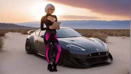 Melva_Machina, (masterpiece photo of 1girl standing in front of vehicle:1.3) ,full body wide angle cinematic shot [standing on path leading to alien city under glass dome], surreal purple sky,(standing woman holding tablet device:1.3), (vehicle focus:1.3),alien planet, surreal desert terrain, arm extended holding tablet, standing next to widebody++ cyberpunk++ prerunner rally offroad car style of (Giorgetto Giugiaro:1.2), (style of Gordon Murray:1.4), (style of Horacio Pagani:1.1),dark stormy clouds paintjob wrap, [alien sky], (magenta and black cloudy skies storms intricate details depth shadows), [ringed planet in distance], dust trails, dust devil <lora:Drone_Cars_XL:0.9>, (pale, 24 years old, cleavage, skinny waist, young european woman, futuristic fashionista:1.5), utility belt, map, (backlit sliced bob medium center part white hair:1.3),form-fitting high tech racesuit with neon magenta accents that highlight her silhouette,(dragon scale leggings:1.1), volumetric lighting