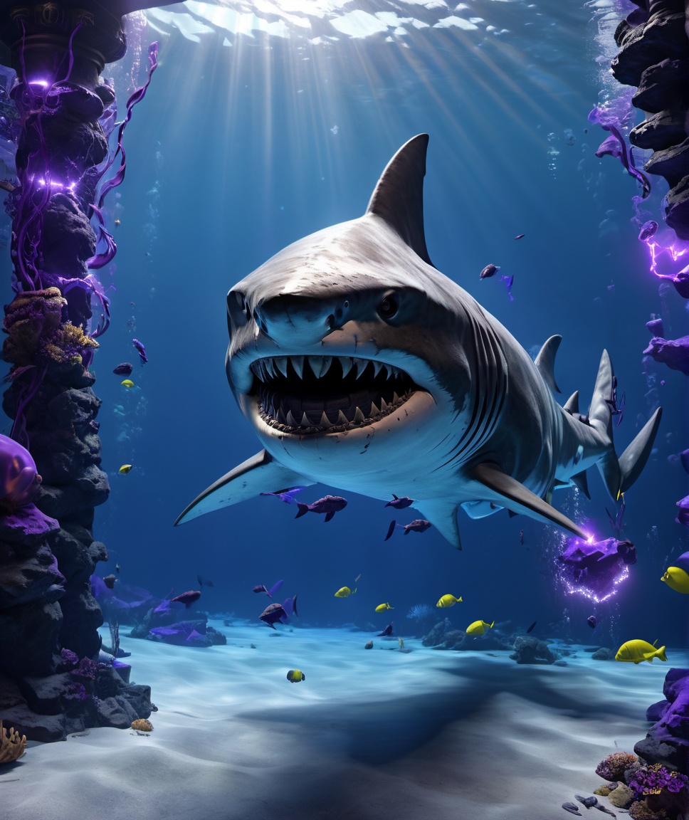 starscourgexl ,a shark swimming underwater,full armor,starscourge radahn style,glowing with purple electricity,armor parts,awardwinning,masterpiece,((realistic)),128k UHD,octane render,sharp focus,trending on artstation,scenery in the background  ,raw photograpy, <lora:Starscourgexl-step00000357:1>