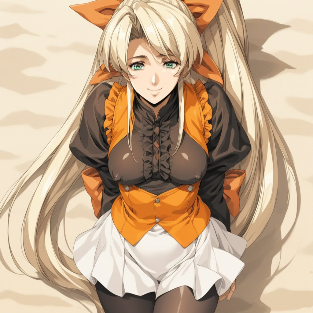 fr0nt1nn0c3ntStyl3, Style: Front Innocent, Artist Style: Urushihara Satoshi, 1girl, masterpiece, highres, high quality, fantasy, score_9, score_8_up, score_7_up, score_6, source_anime, rating_lewd, cowboy shot, mature female, Faye_(Front_Innocent), BREAK, beach, (covered nipples), seductive smile, smile BREAK, , BREAK, Faye, blonde hair,very long hair,high ponytail,very long sidelocks,hair bow,green eyes, dress,black shirt,orange vest,long_sleeves, white skirt,frills, black pantyhose, short boots,