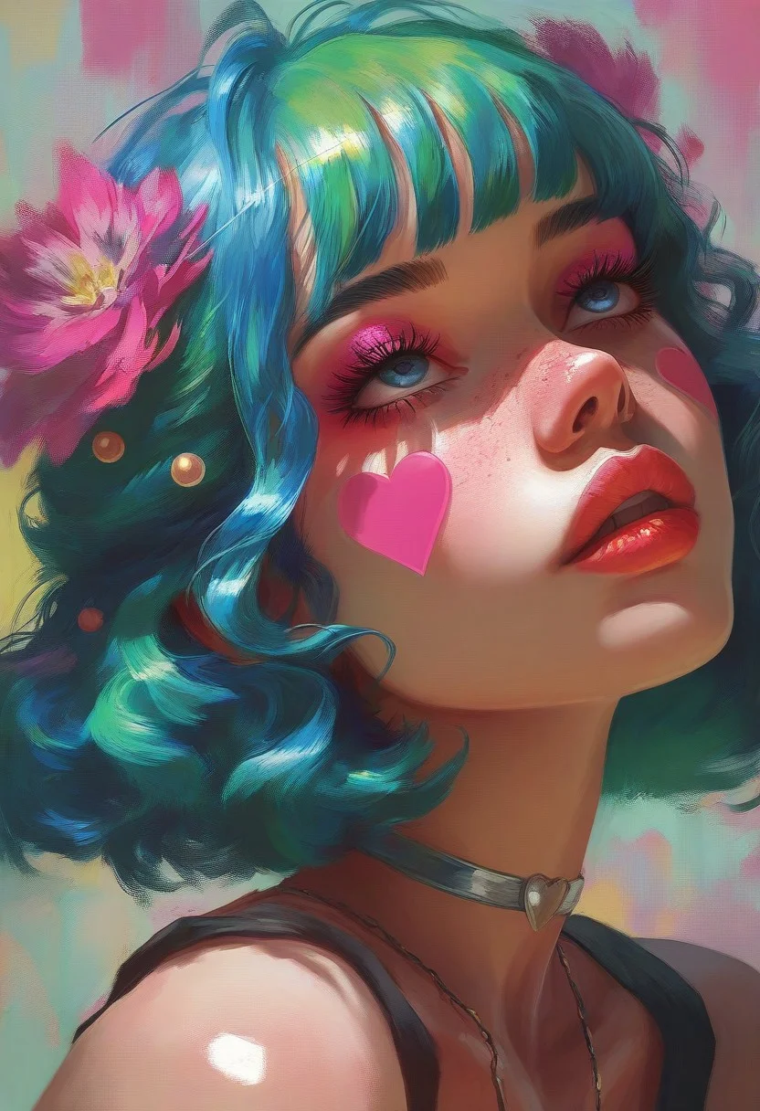 Femmes_ST, masterpiece, best quality, very aesthetic, high resolution, ultra-detailed, absurdres, newest, extremely detailed eyes, 1girl, solo, short hair, bangs, blue eyes, hair ornament, bare shoulders, jewelry, blue hair, collarbone, upper body, multicolored hair, parted lips, green hair, choker, shiny, blunt bangs, necklace, lips, eyelashes, makeup, heart, wavy hair, looking up, portrait, eyeshadow, freckles, nose, colorful, mascara