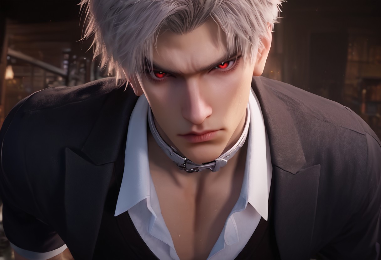 1boy, solo, male focus, toned male, Sylus_(Love_and_Deepspace), Sylus, Qinche, White hair, Red eyes, pale skin, detailed eyes, satisfaction, satisfied, neutral, sad looking,
dark theme, night, intense shadow, intimidating, chest close to viewer, dark light, no light, dark out, shadow, 
(black coat over shoulder:1.1), white collar shirt, black vest, white collar shirt button, socks, wearing a tie, black pants, sweaty hair, long sleeves, modest clothing, looking at viewer, chest close to viewer, 
all fours, restraining viewer, front view, seductive, romantic
rating PG, score_9,score_8_up,score_7_up, source_anime, male focus, Muscular, big thigh, big thigh, big chest, hung, manly, tall, detailed eyebrow, sharp eyebrows, focus on thigh, hairy thigh, thigh focus, random view
