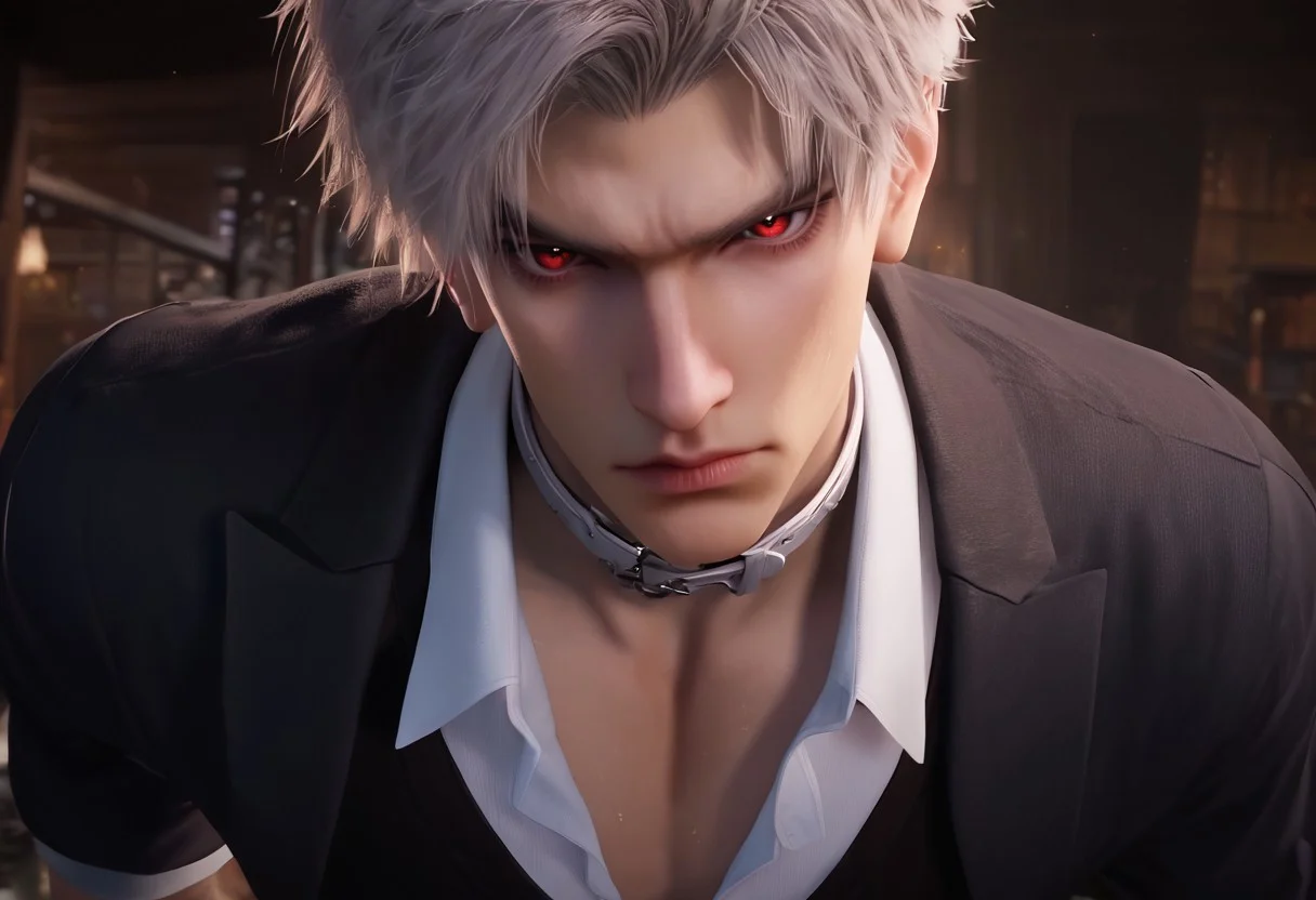 1boy, solo, male focus, toned male, Sylus_(Love_and_Deepspace), Sylus, Qinche, White hair, Red eyes, pale skin, detailed eyes, satisfaction, satisfied, neutral, sad looking,
dark theme, night, intense shadow, intimidating, chest close to viewer, dark light, no light, dark out, shadow,
(black coat over shoulder:1.1), white collar shirt, black vest, white collar shirt button, socks, wearing a tie, black pants, sweaty hair, long sleeves, modest clothing, looking at viewer, chest close to viewer,
all fours, restraining viewer, front view, seductive, romantic
rating PG, score_9,score_8_up,score_7_up, source_anime, male focus, Muscular, big thigh, big thigh, big chest, hung, manly, tall, detailed eyebrow, sharp eyebrows, focus on thigh, hairy thigh, thigh focus, random view