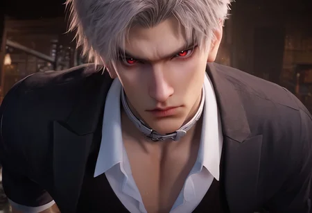 1boy, solo, male focus, toned male, Sylus_(Love_and_Deepspace), Sylus, Qinche, White hair, Red eyes, pale skin, detailed eyes, satisfaction, satisfied, neutral, sad looking,
dark theme, night, intense shadow, intimidating, chest close to viewer, dark light, no light, dark out, shadow,
(black coat over shoulder:1.1), white collar shirt, black vest, white collar shirt button, socks, wearing a tie, black pants, sweaty hair, long sleeves, modest clothing, looking at viewer, chest close to viewer,
all fours, restraining viewer, front view, seductive, romantic
rating PG, score_9,score_8_up,score_7_up, source_anime, male focus, Muscular, big thigh, big thigh, big chest, hung, manly, tall, detailed eyebrow, sharp eyebrows, focus on thigh, hairy thigh, thigh focus, random view