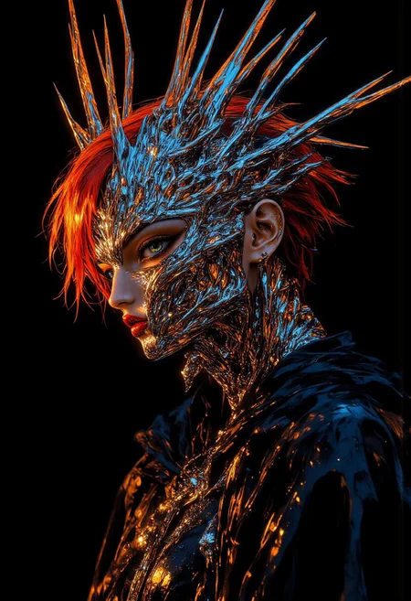 A hyper-realistic close-up portrait of a woman wearing a surreal, avant-garde chrome asymmetrical mask that covers exactly half of her face, leaving her sharp, expressive eyes exposed. The mask features an intricate, neuron-inspired design with over 1,000 surreal spikes extending outward to the right in an exaggerated and otherworldly fashion, forming a mesmerizing cascade of sharp, metallic projections that ripple and twist like liquid energy frozen in time. The polished chrome surface glimmers with mirrored highlights, liquid-like smoothness, and luminous neural patterns, reflecting light in captivating, dynamic ways. Her permed short red hair, accented with vibrant orange tones, forms a fiery frame around her uncovered features, while her pale skin, subtly warmed with an orange tint, adds a gentle contrast to the cold brilliance of the mask. The spikes stretch dramatically into the composition, creating a striking sense of motion and depth that enhances the surreal aesthetic. The background is a single pitch-black tone, intensifying the vivid details of the mask and her vibrant appearance. Rendered in ultra-HD, 8K resolution with cinematic lighting and a shallow depth of field, the image captures the intricate reflections, shadow interplay, and luminous metallic accents of the surreal chrome design. Inspired by futuristic haute couture and cutting-edge surrealism, this portrait is a striking blend of human beauty and avant-garde innovation, radiating mystery and elegance.
