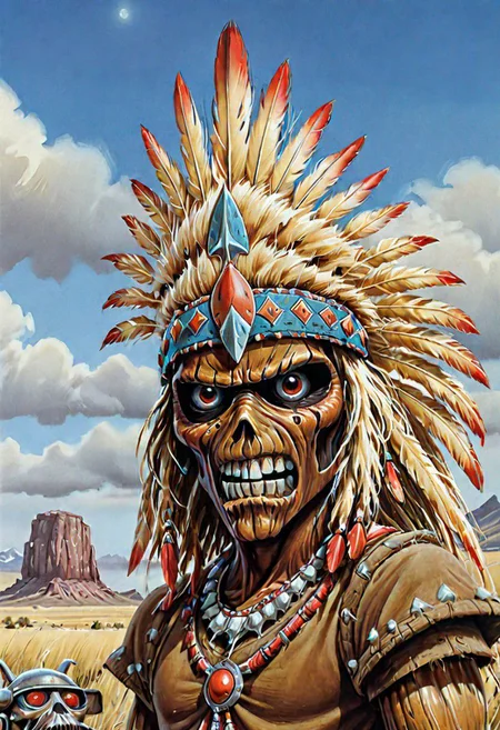 masterpiece, top quality, best quality, highest quality, highest detailed, Simon Stlenhag Style, hmvi style, close up, Ink art of a monster, dressed as an Indian Cheif in the wild west, iron maiden poster 1988, full-color illustration, an airbrush painting,(head dress:1.2)