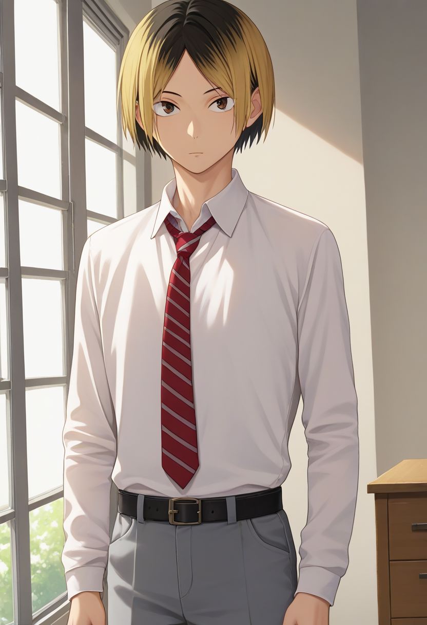 score_9, score_8_up, score_7_up, 1boy, solo, male focus, slim, kenma, blonde hair, multicolored hair, two-tone hair, sweater, striped necktie, red and white necktie, collared shirt, uniform, white shirt, grey pants, belt, black hair, brown eyes, bangs, white sneakers, indoors, window, derpibooru_p_95, looking at viewer, detailed eyes, cowboy shot, Dutch angle,
