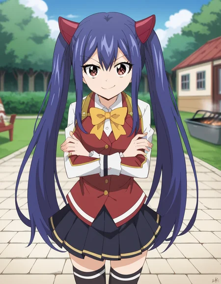 score_9, score_8_up, score_7_up, source_anime, <lora:wendy-marvell-100yq-ponyxl-lora-nochekaiser:1>, wendy marvell, long hair, hair ornament, ribbon, hair between eyes, twintails, brown eyes, very long hair, blue hair,, skirt, thighhighs, bow, ribbon, pleated skirt, black thighhighs, bowtie, black skirt, zettai ryouiki, yellow bow, yellow ribbon, backyard, barbecue, grilling, laughter, summer evening, smile, looking at viewer, crossed arms, smug, solo,, dutch angle,
