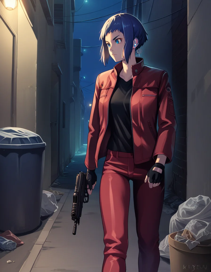 score_9, score_8_up, score_7_up, source_anime
<lora:kusanagi-arise-ponyxl-000060:1> kusamoar, red jacket, black shirt, red pants,
1girl, bullpup, earphones, fingerless gloves, holding gun, sniper rifle, alley, trash, night
