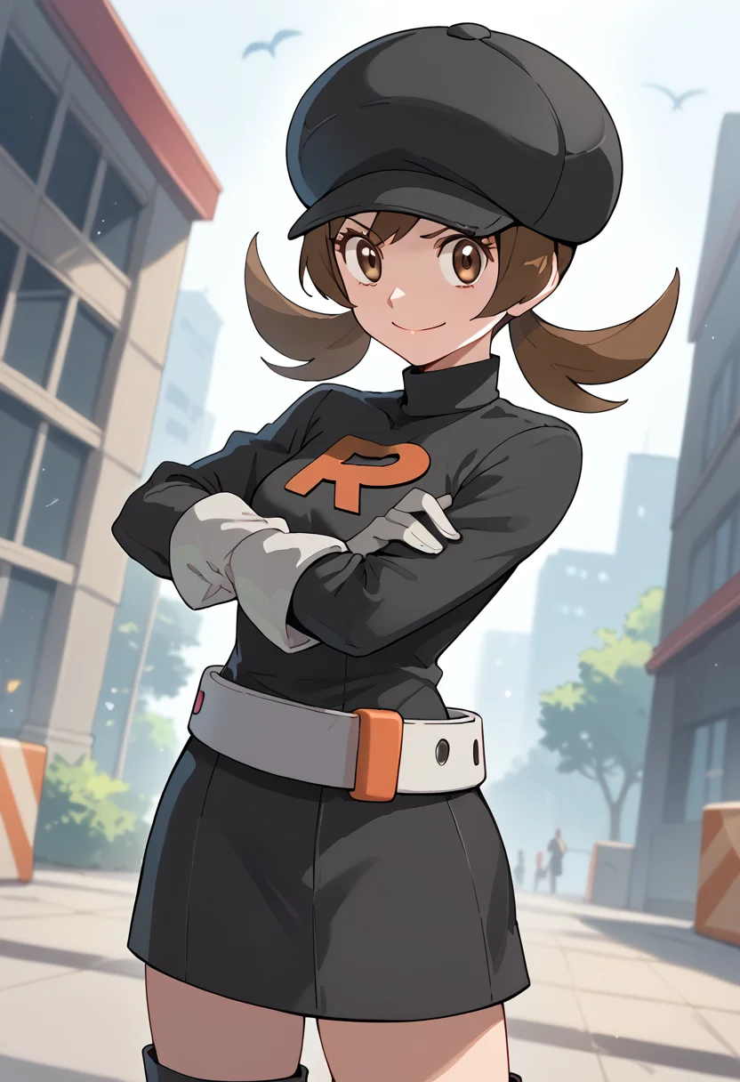 Posing with arms folded,  evil smile, solo, 1girl,  <lora:LyraPony-10:1> Lyra_TeamRocket, long hair, brown hair, twintails, brown eyes, hat, cabbie hat, black headwear, dress, black dress, short dress, belt, white belt, team rocket uniform, gloves, white gloves, boots, thigh boots, white footwear,, score_9, score_8_up, score_7_up, score_6_up, score_5_up, score_4_up,
