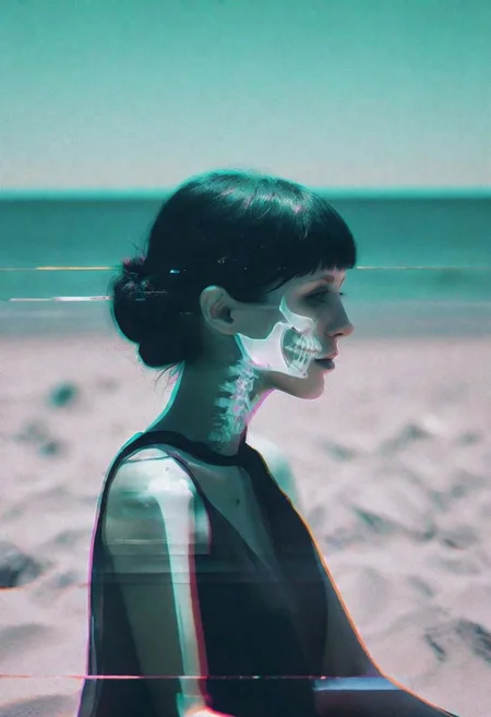 hyper realism, IR photo, light leaks, (split screen overlay , x-ray view:1.3), double exposure, (glitched image:1.2), a glitched out beautiful goth model relaxing on a sunny beach, pixelation, sinusoidal distortions, screen tear, post modern deconstruction, molecular view, vibrational spiral signals, (overlay, split screen image:1.1), abstractions, experimental, professional, highly detailed, thought-provoking masterpiece
