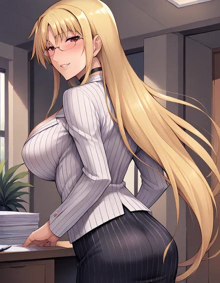 score_9, score_8_up, score_7_up,ishigaki takashi, fate testarossa, 1girl,  <lora:[pony]type-g_fate testarossa:1>,blonde hair, very long hair, blush,curvy, large breasts, 
BREAK
 <lora:0856 OL professional suit skirt 1_v1_pony:0.6>,striped jacket,choker,black pantyhose,striped skirt,glasses,black skirt,pinstripe pattern,cowboy shot, indoors,office,from side, looking back, smile, parted lips,