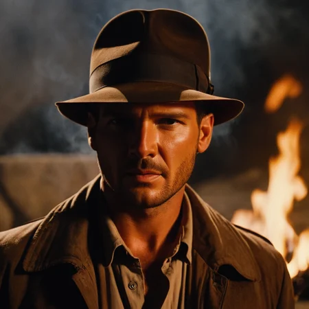 cinematic film still of <lora:1980's style:1>
In the 1980's indiana jones a man in a hat and jacket standing in front of a fire,solo,looking at viewer,shirt,1boy,hat,jacket,male focus,facial hair,realistic,fedora , realistic,realism, detailed, perfection,perfect,filmic,retro,vintage,classic,different haircut,different look,different style,different people, 1980's style , 1980 style, shallow depth of field, vignette, highly detailed, high budget, bokeh, cinemascope, moody, epic, gorgeous, film grain, grainy