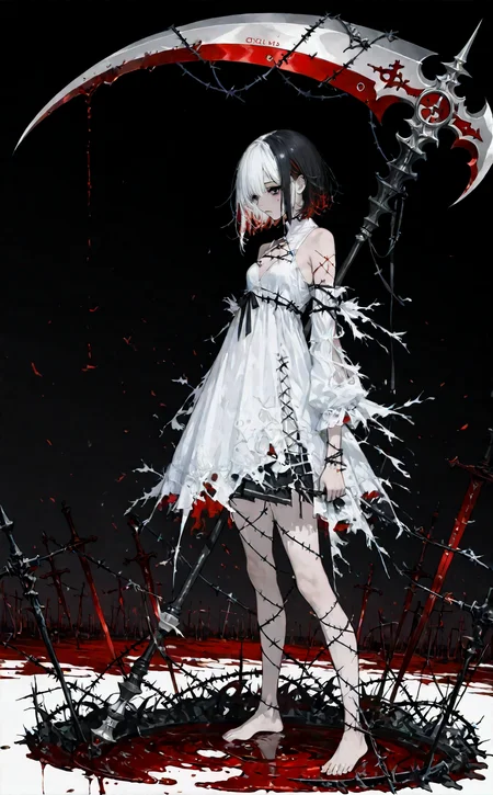 score_9, score_8_up, score_7_up, 1girl, solo, ultra detailed, dynamic angle, short hair, two tone hair, black hair, white hair, black eyes, blood tears, white dress, torn dress, barefoot, holding weapon, scythe, black and white scythe, serrated blade, barbed wire on arms and legs, lake of blood, dark background, <lora:add_detail:1> <lora:Expressive_H:1>