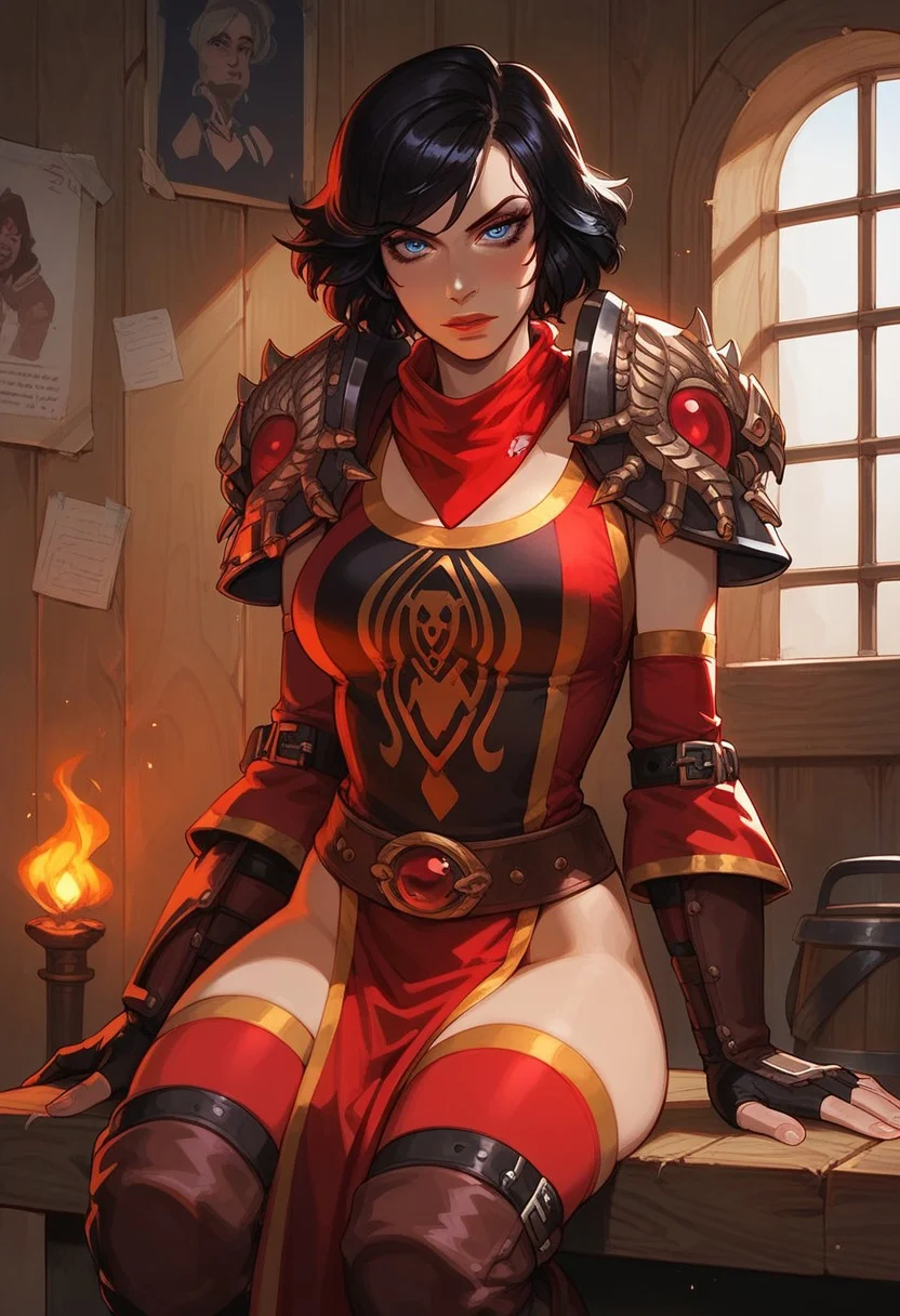 (score_10, score_9_up, score_8_up, score_7_up, score_6_up, detailed), BREAK, Vanessa VanCleef, 1girl, gorgeous woman, black hair, short hair, blue eyes, makeup, beautiful eyes, shoulder armor, tabard, pelvic curtain, belt, red thighhighs, elbow gloves, fingerless gloves, knee boots, bandana around neck, (annoyed:0.6), looking down at viewer, arrogant, sitting, on table, eye contact, BREAK, detailed background, indoors, wooden walls, torch, bandit camp, medieval