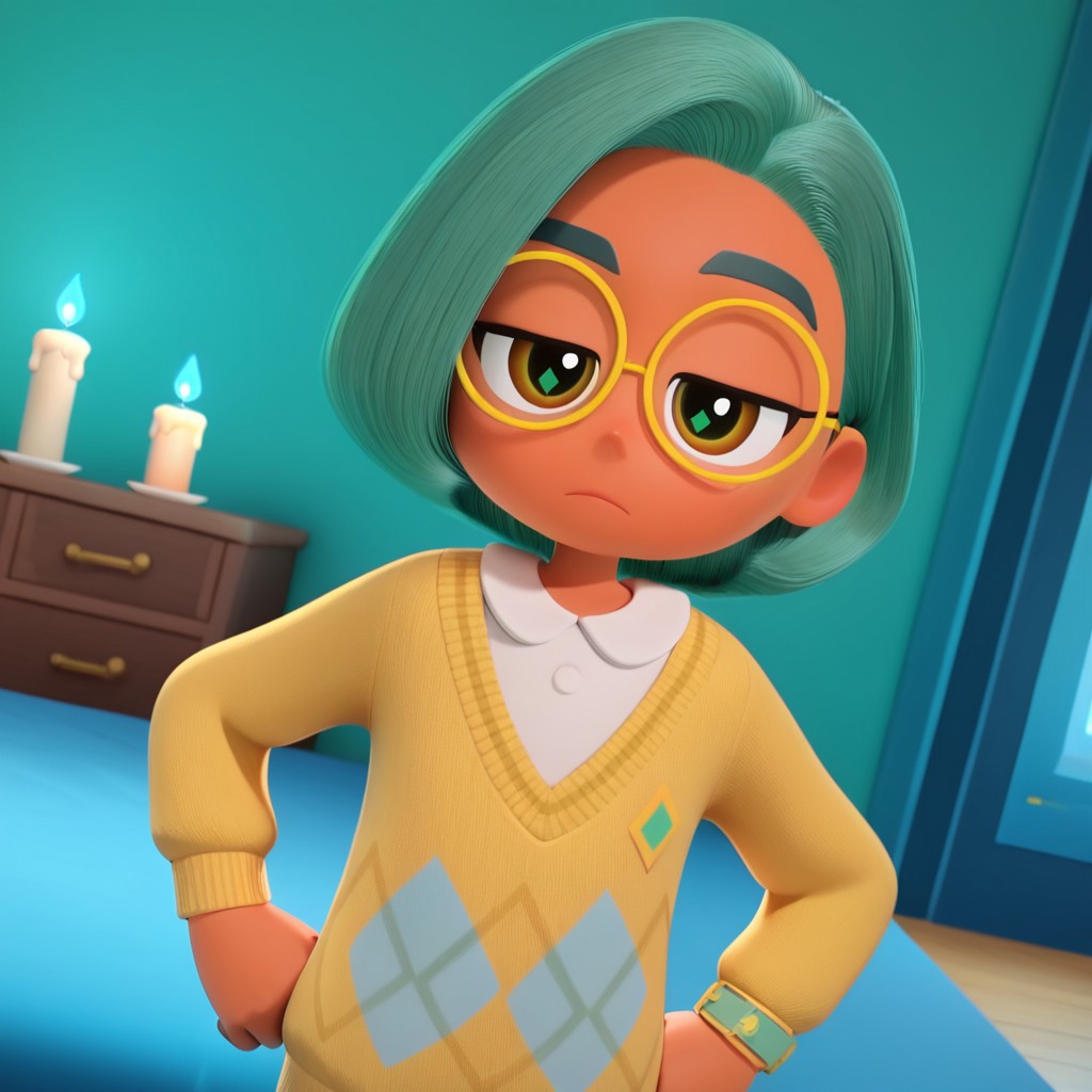Green_Leaf, 1girl, solo,tan skin, brown eyes, short green, bobbed hair, yellow round glasses, white t-shirt, yellow long-sleeve sweater, light blue skirt, white socks, (Bored,dutch angle, Hands on hips,naughty pose, looking at viewer, indoors, Dark room, candle, blue light, skull, dynamic pose, upper body, head tilt,),