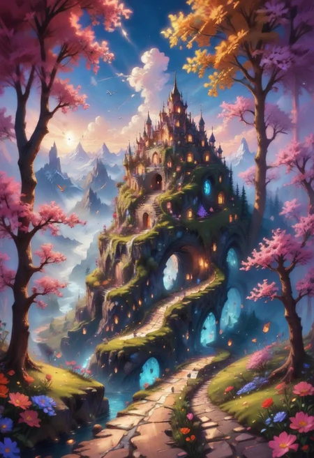 A serene fantasy landscape with a stone path leading into a lush valley framed by pink-blossomed trees. Bright flowers, ancient buildings, misty mountains, and a winding river create a peaceful, mystical atmosphere under a vibrant blue sky with floating clouds. Birds soar near the peaks, adding to the idyllic, magical feel of this inviting scene., bl4ckl1ghtxl, Jed-ANC