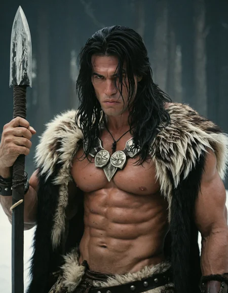 barbarian man, 1boy, holding weapon, hands, , fur, long hair, black hair, upper body, male focus, open clothes, solo focus, necklace, bracelet, abs, muscular male, polearm, film grain,