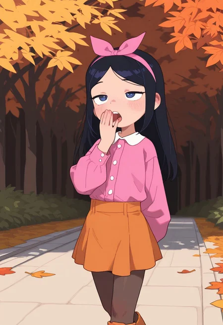 (masterpiece, no lineart, best quality:1.2), 1girl, (solo:1.3, cowboy shot), possmach, (exceptional, best aesthetic, new, newest, best quality, masterpiece:1.2), soft_lighting, soft_skin_tone, Isabella, black hair, dark blue eyes, long hair, hair bow, pink bow, autumn clothing, autumn skirt, dark tights, autumn boots, walking, half-open eyes, yawn, BREAK , (exceptional, best aesthetic, new, newest, best quality, masterpiece:1.2), falling autumn leaves, autumn trees, autumn leaves on the ground