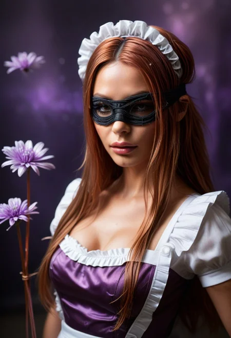 close-up shot, reality-shot, realism, realistic photography, beautiful woman, blindfold, long hair, hair made of copper wire, maid uniform, looking at viewer, purple theme, eyelashes, flower, dark_theme,abstract background, depth of field