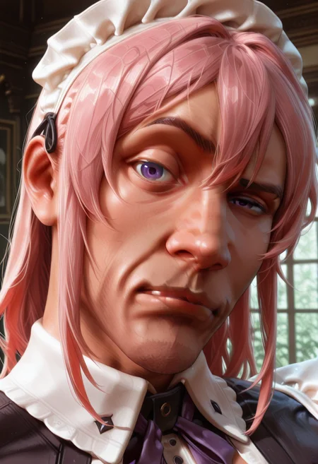 masterpiece, high quality, realistic, realism, detailed, r0ckbr0w, looking at viewer, raised eyebrow, closed mouth, 1boy, solo, male focus, upper body, head tilt, manly, thick eyebrows, CivChan, purple eyes, pink hair, maid, hair between eyes,