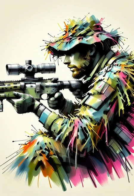 inksketch, a portrait of a sniper, colorful ghillie suit, sniper rifle