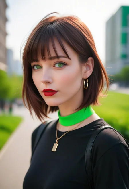 Portrait of Natalia Kyou Park walking through the city: solo, 1girl, age:34, adult, 5'6", 120 lbs, slim, medium chested, Asian, pale skin, white skin, straight brown hair over shoulders, side bangs, green side hair locks, green eyes, epicanthic fold, slanted eyebrows, rosy cheeks, red lips, parted lips, up-turned nose, pendant earrings, nose piercing, green choker, black t-shirt, flirting, outdoors, urban environment, (close-up:1.4), realistic, masterpiece, correct anatomy, sharp focus, field of view