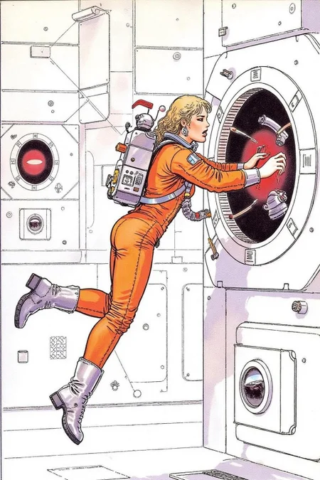 itacomic1 illustration. Overhead sideview of a blonde woman dressed in a orange spacesuit and heavy boots, is carefully re-enacting the iconic scene from 2001: A Space Odyssey where David Bowman deactivates HAL 9000. Floating weightless on one side of a vast empty spacecraft, she methodically removes the components of the HAL 9000 interface, one piece at a time. The setting is tense and sterile, with bright lighting reflecting off the white sterile surfaces, capturing the eerie, unsettling atmosphere of the original scene. The red glow of HAL's eye slowly fades as the scene unfolds, highlighting the dramatic tension between human and machine  <lora:itacomic_mima3_fl_d4a2:1.0><lora:800885279272656957:0>
