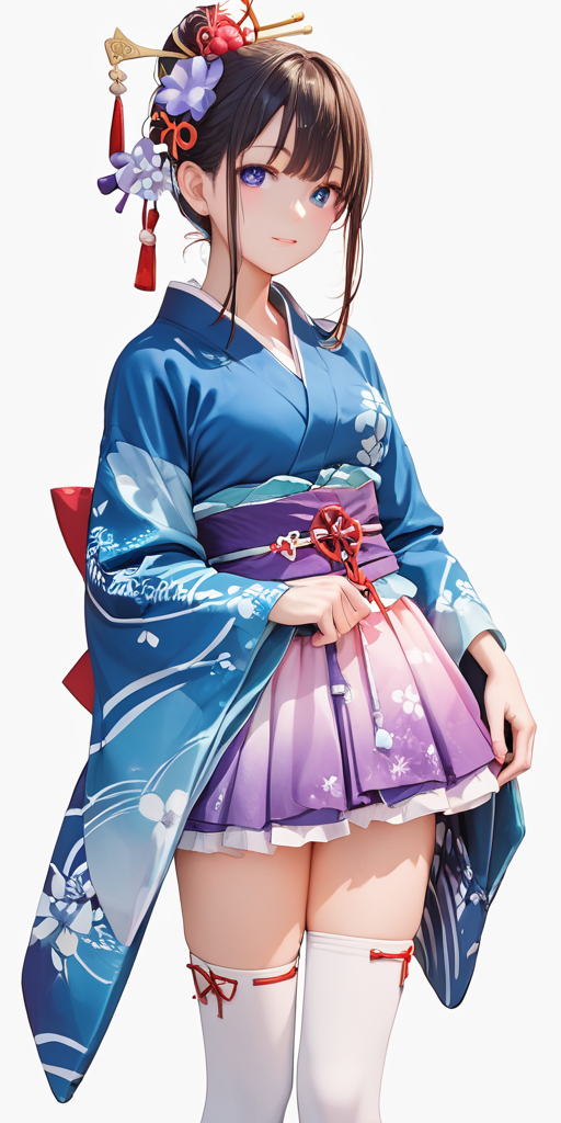 score_9, score_8_up, score_7_up,source_anime, high res image,masterpiece,best quality,woman,cute face,clear skin,shiny hair,ultra detailed eyes, simple background,  <lora:wafuku gothic_Pony_V1.1:0.7> jyojifuku, kimono,skirt,hair ornament, thighhighs
