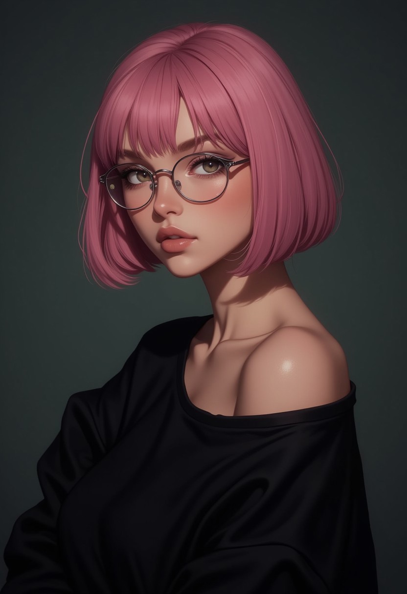 a cute woman, pink hair bob, wearing an oversized black top with long sleeves, bare shoulders, visible collor bone, thin-rimmed round glasses, front view, (hi-top fade), (dark theme:0.9), soothing tones, muted colors, high contrast, (natural skin texture, hyperrealism, soft light, sharp), close up, closed mouth, contemplative expression