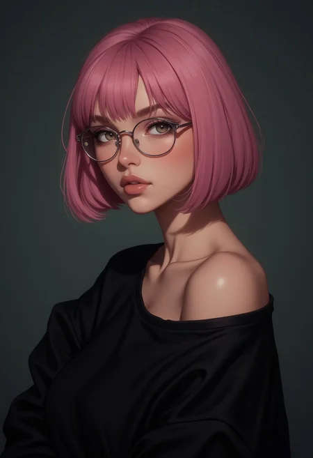 a cute woman, pink hair bob, wearing an oversized black top with long sleeves, bare shoulders, visible collor bone, thin-rimmed round glasses, front view, (hi-top fade), (dark theme:0.9), soothing tones, muted colors, high contrast, (natural skin texture, hyperrealism, soft light, sharp), close up, closed mouth, contemplative expression