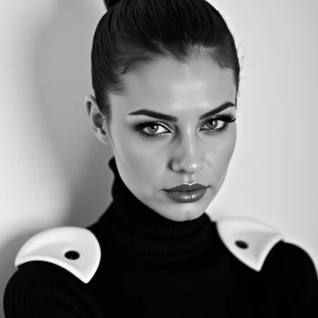 A high-contrast black-and-white portrait of a strikingly beautiful woman with an air of sophistication and intensity. She has a sleek, symmetrical face with sharp cheekbones and captivating, piercing eyes. Her hair is impeccably styled into a tight, glossy bun, emphasizing the clean lines of her face. She is dressed in a high-collared, futuristic black outfit with bold white accents on the shoulders, blending minimalist design with modern elegance. The lighting is soft yet directional, highlighting her flawless skin and casting subtle shadows to add depth to her features. The background is simple and blurred, ensuring the focus remains entirely on her refined beauty and the sharp details of her attire. The overall tone conveys confidence, power, and modern glamour.