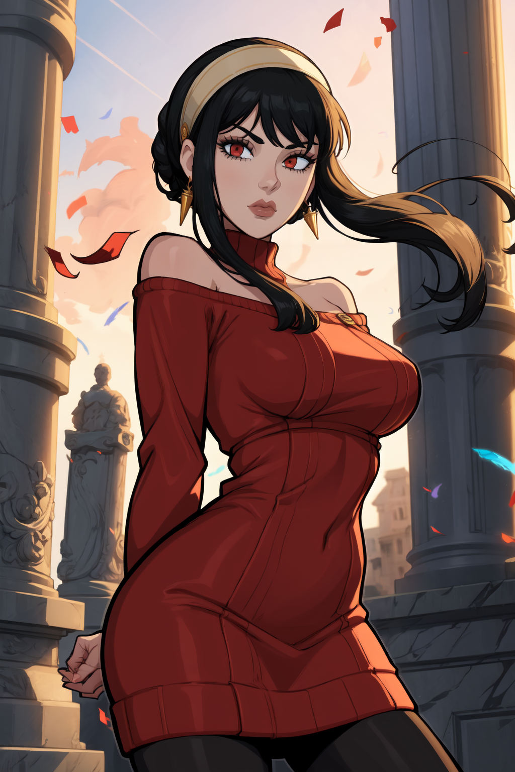 1girl, (solo:1.2), curvy, (masterpiece:1.2), (best quality:1.2), (perfect anatomy:1.4), (interacting with the viewer while facing him in a dynamic pose in motion), (arms behind back:1.3), cute, closed mouth, (large breasts:1.4), (cowboy shot:1.4), <lora:Afrobull [MockAi - v1.0]:0.8> afrobull, cell shading, simple shading, colorful, (clean lineart:1.2), vibrant colors, <lora:Yor Briar [h_madoka - v1.0]:0.8> bbyorf, short hair with long locks, white hairband, red eyes, gold earrings, large breasts, jewelry, off shoulder, red sweater, sweater dress, long sleeves, black pantyhose, (roman building:1.2), (marble pillars:1.3), daylight, outside