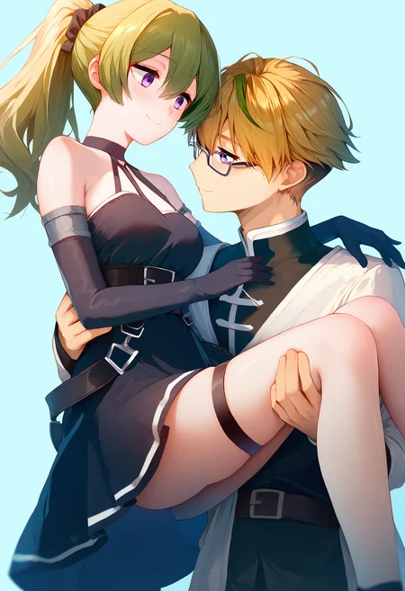 ubel \(sousou no frieren\), land \(sousou no frieren\), 1girl, 1boy, green hair, blonde hair, glasses, princess carry, carrying, blush, black dress, purple eyes, smile, dress, bare shoulders, thigh strap, looking at another, belt, hetero, simple background, ponytail, short hair, skirt, closed mouth, multicolored hair, long hair, elbow gloves, hair between eyes,
<lora:sousou_no_frieren_collection_v1.2:1> score_9, score_8_up, score_7_up, score_6_up, absurdres, masterpiece, best quality, very aesthetic
