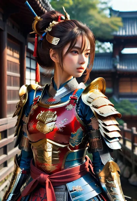 ultra detailed      Masterpiece  8k   ,girl Samurai  complex armor	Multi-layered and large shoulder armor  luster shine  Multilevel  	 black gold 	red blue 	, (beautiful  face)++ 	holdingshe long katanagQkcYR	
Hokusai's Japanese depiction of a very turbulent sea with massive waves. The background s shows a beautiful dark night over a illuminated village. The colors are red and yellow