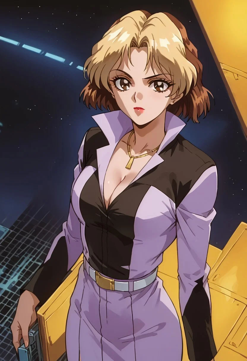 score_9, score_8_up, score_7_up, source_anime, retro artstyle,1990s \(style\), BREAK 1girl, solo, injulindo, short hair, two-tone hair, blonde hair, brown hair, makeup, collared shirt, cleavage, necklace, belt, skirt,