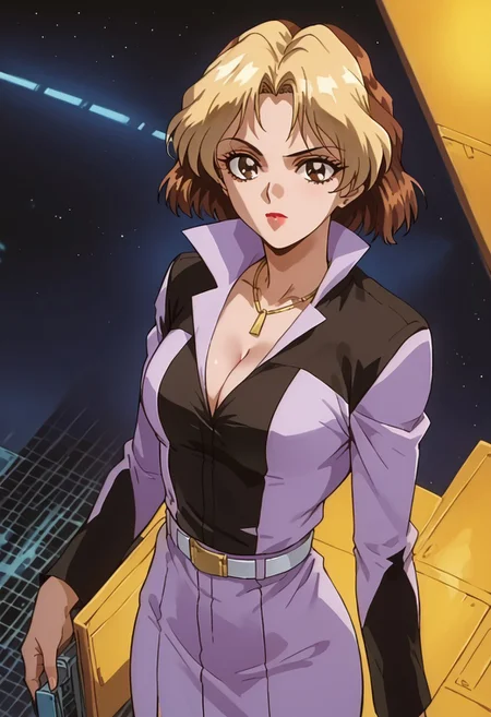 score_9, score_8_up, score_7_up, source_anime, retro artstyle,1990s \(style\), BREAK 1girl, solo, injulindo, short hair, two-tone hair, blonde hair, brown hair, makeup, collared shirt, cleavage, necklace, belt, skirt,