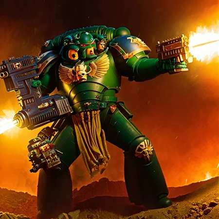 Score_9_up, absurdres, source: GamesWorkshop, grimdark, gothic horror, an adeptus astartes space marine in terminator armor and helmet, he is firing a bolter gun