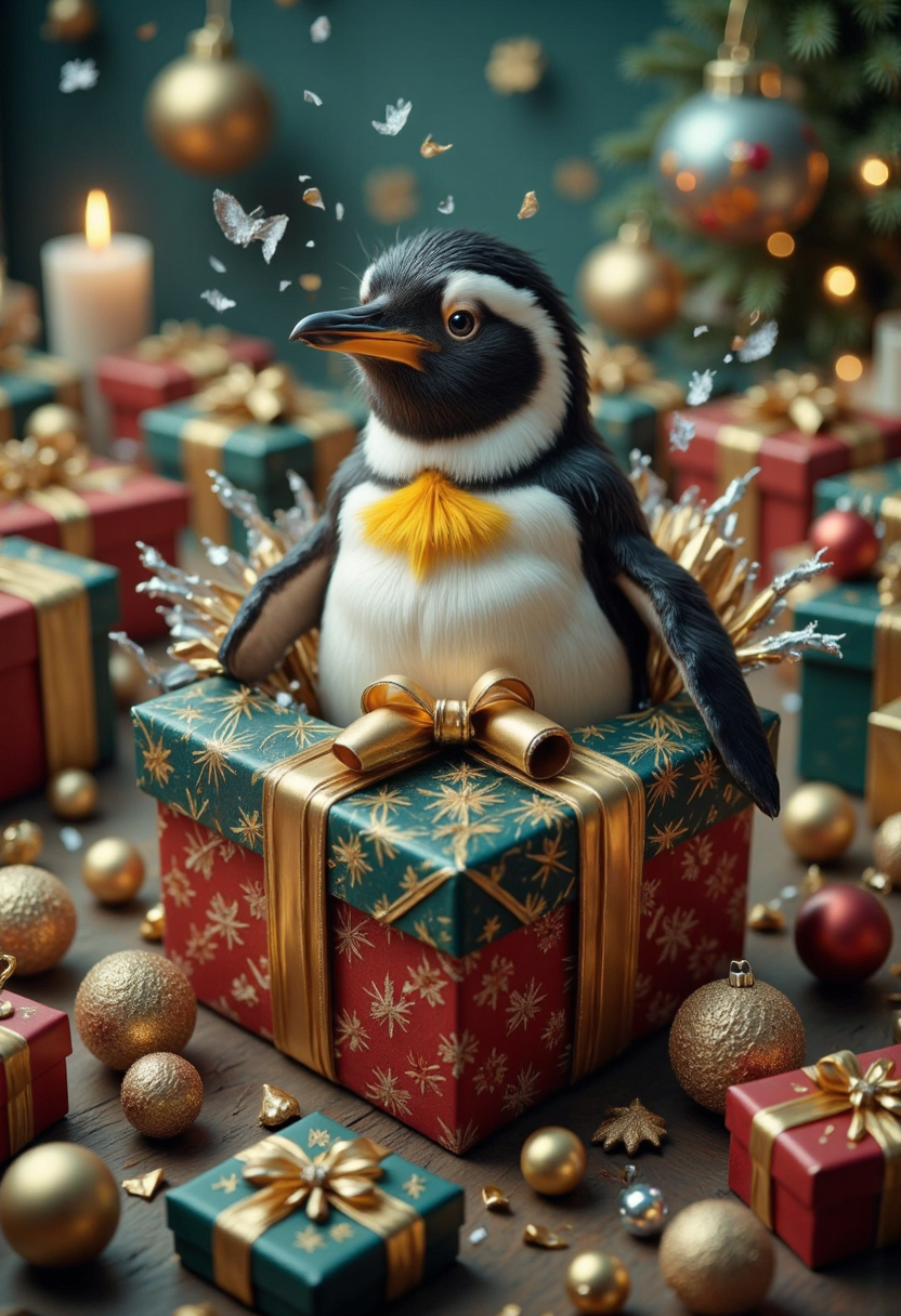 analog film photo photograph of a majestic penguin breaking free from a intricately wrapped Christmas gift box, showcasing a delightful mix of festive and wildlife elements. Capture the penguin's exhilarating moment as it bursts forth from the box, its tuxedo-like feathers glistening with dew and holiday cheer.
Compositionally, frame the scene from a low angle, placing the gift box at the top of the image, allowing the viewer's gaze to follow the penguin's trajectory upward. Employ a shallow depth of field, blurring the surrounding wrapping paper and gift embellishments to emphasize the penguin's heroic breakout. Soft, warm artificial lighting will add a cozy atmosphere, while also highlighting the festive colors and textures of the box.
The penguin itself should be depicted in stunning detail, with subtle texture variations on its feathers, soft belly, and slender flippers. Capture the vibrant hue of its feathers, ranging from snowy white to rich black, and emphasize the characteristic yellow patch on its chest. The gift box, wrapped in a luxurious pattern of gold and red stripes, will add a touch of opulence to the scene.
To create a captivating atmosphere, infuse the environment with an air of anticipation and excitement. Perhaps a few scattered snowflakes or confetti pieces can be seen floating around the penguin's head, adding to the festive ambiance. Incorporate some strategically placed shadows to enhance the dynamic movement of the penguin as it breaks free from its prison.
Artistically, draw inspiration from the whimsical world of children's illustrations and classic animated films, where penguins are often depicted in charming, expressive poses. The overall mood should be one of joyful abandon, capturing the magic and surprise of the moment when the penguin finally achieves its freedom.
Technical specifications: Resolution: 4096 x 3040 pixels; Aspect Ratio: 16:9; File Format: JPEG or PNG; Camera Angle: Low-angle shot with a slight tilt upwards; Lighting: Warm artificial lighting with subtle shadows; Depth of Field: Shallow, with a blurred background; Texture and Material Details: Subtle feather texture, soft belly, and slender flippers; Color Palette: Vibrant hues of green, blue, yellow, and red, with rich black and snowy white accents.
Image should be generated in photorealistic detail, with crisp edges, subtle color gradations, and a high level of texture fidelity. Ensure the overall aesthetic is both captivating and true to the original prompt, showcasing a masterful blend of wildlife, holiday cheer, and whimsical storytelling. . faded film, desaturated, 35mm photo, grainy, vignette, vintage, Kodachrome, Lomography, stained, highly detailed, found footage