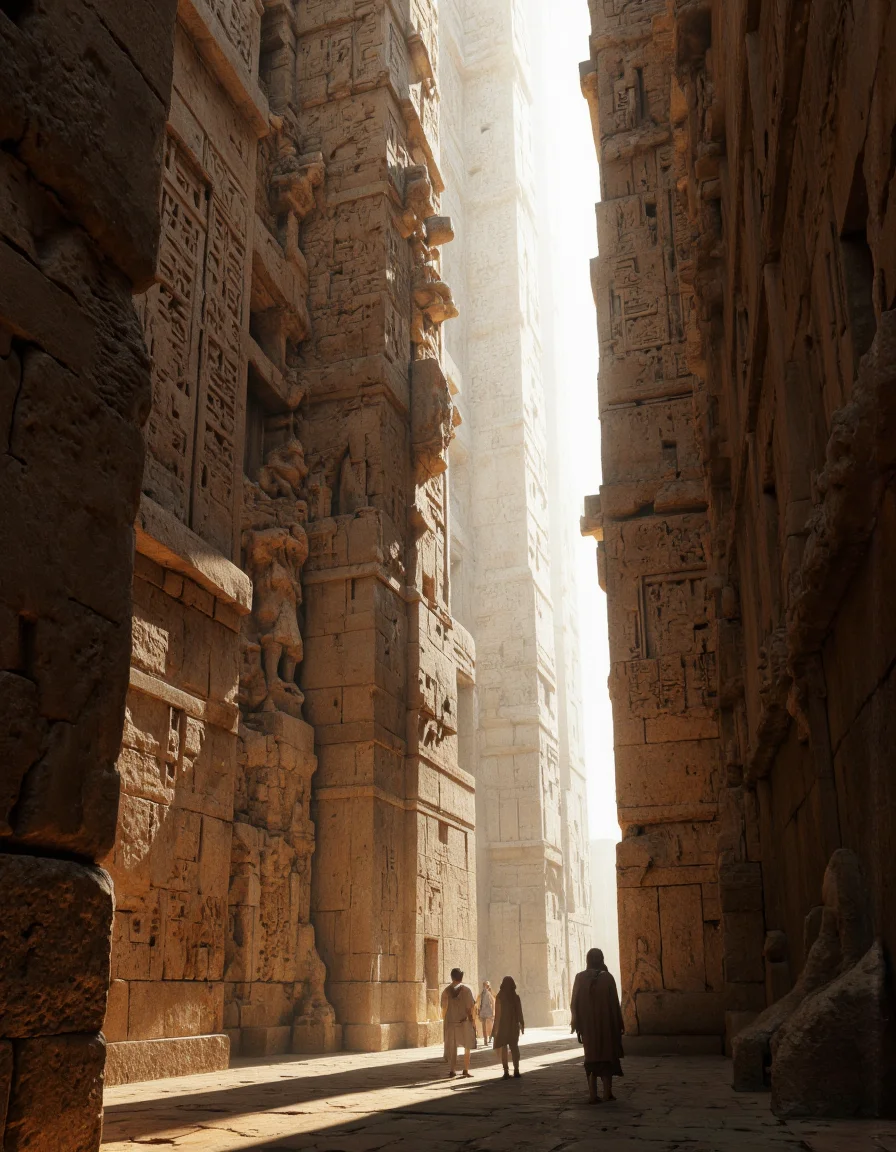 By Arthur Yuan. A photo-realistic shoot from a far camera angle about a group of people standing in a grand, ancient stone structure with intricate carvings. the image also shows a bright, natural light streaming through the columns, casting a warm glow on the stone. on the middle of the image, a few people are standing, facing the viewer, with their silhouettes visible. they appear to be of unknown age, with no clothing or pants. the stone structure is tall and imposing, with intricate hieroglyphics and symbols adorning its surface. the lighting is soft and natural, casting gentle shadows on the ground. the overall atmosphere is one of awe and wonder, with a sense of grandeur and antiquity.