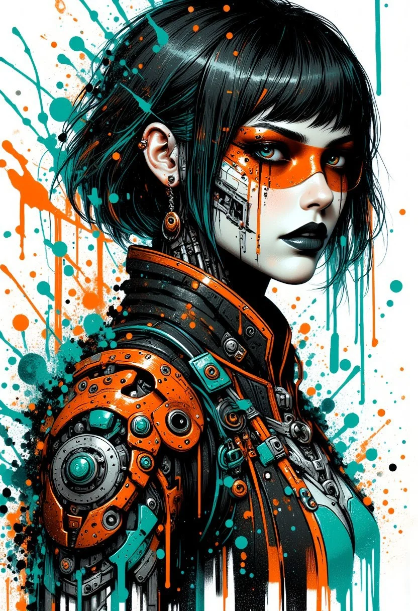 a cyberpunk goth girl, short straight-cut bob, dark eyeshadow, red lips, make-up, earrings, side view, mythp0rt, mad-cbrpnksplshrt, paint splashes, teal and orange