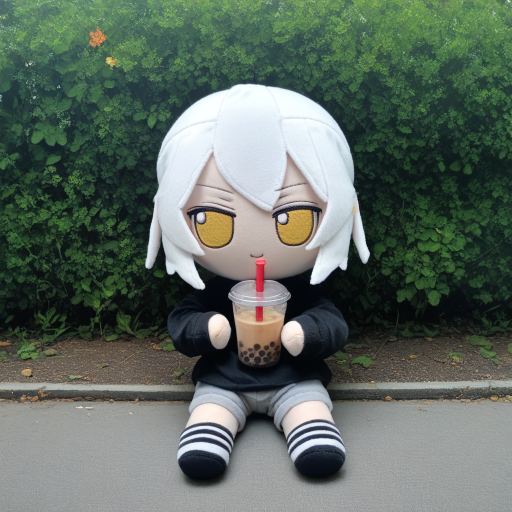 score_9_up, score_8_up, score_7_up, fumo, fumos, plushie, cute, toys, dolls, toy, fumo style, Fumo plush doll, fumo \(doll\), white hair, yellow eyes, park, holding, bubble tea, black sweater, gray shorts, 1boy, solo