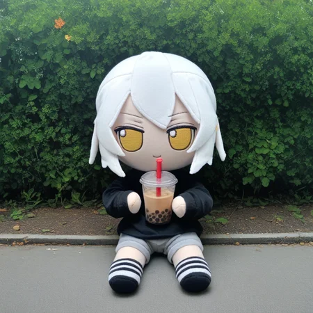 score_9_up, score_8_up, score_7_up, fumo, fumos, plushie, cute, toys, dolls, toy, fumo style, Fumo plush doll, fumo \(doll\), white hair, yellow eyes, park, holding, bubble tea, black sweater, gray shorts, 1boy, solo