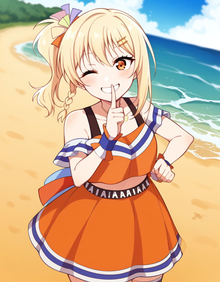score_9, score_8_up, score_7_up, source_anime, <lora:ai-miyashita-saikou-heart-mv-ponyxl-lora-nochekaiser_r1:1>, ai miyashita, bangs, blonde hair, hair ornament, orange eyes, braid, sidelocks, medium hair, side ponytail, orange eyes, french braid,, skirt, thighhighs, jewelry, collarbone, necklace, off shoulder, tank top, wristband, cheerleader, pom pom (cheerleading), orange skirt, gyaru, heart necklace, beach, sand, waves, sun, ocean, smile, <lora:shushing-ponyxl-lora-nochekaiser:1>, shushing, finger to mouth, index finger raised, from above, library, smile, blush, one eye closed, dutch angle,, looking at viewer, solo,, dutch angle, cowboy shot