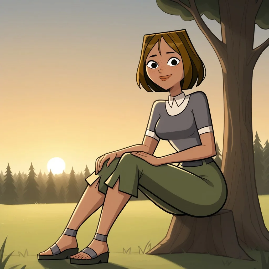 score_9, score_8, BREAK, solo, brown hair, black eyes, lips, collared shirt, grey sweater, short sleeves, green pants, dark skin, sandals, freckles, breasts, Total Drama, Courtney_(Total_Drama), sexy pose, smile, outdoors, sunlight, shadows, evening lighting, natural lighting, forest, trees, grass, orange sky, sunset