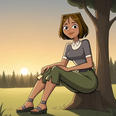 score_9, score_8, BREAK, solo, brown hair, black eyes, lips, collared shirt, grey sweater, short sleeves, green pants, dark skin, sandals, freckles, breasts, Total Drama, Courtney_(Total_Drama), sexy pose, smile, outdoors, sunlight, shadows, evening lighting, natural lighting, forest, trees, grass, orange sky, sunset
